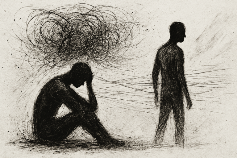 Black and white ink drawing of two human figures. One is seated with their head in their hand, surrounded by chaotic swirling lines above them, while the other stands facing away, connected by faint, thread-like lines. The textured background and expressive lines suggest emotional tension, silence, and disconnection.