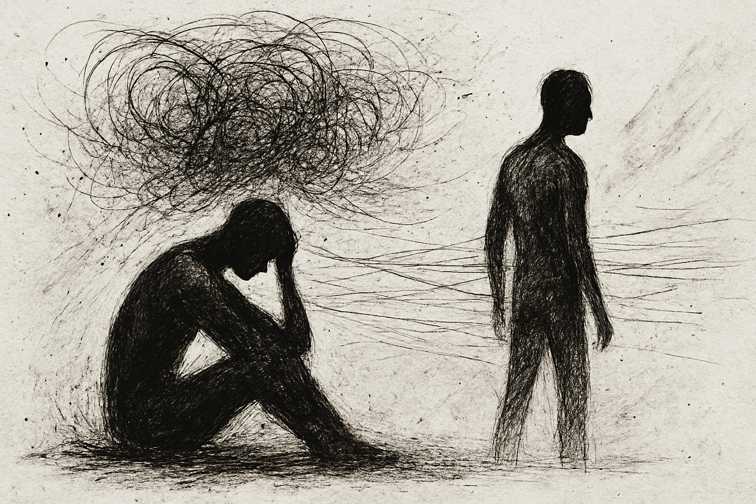 Black and white ink drawing of two human figures. One is seated with their head in their hand, surrounded by chaotic swirling lines above them, while the other stands facing away, connected by faint, thread-like lines. The textured background and expressive lines suggest emotional tension, silence, and disconnection.